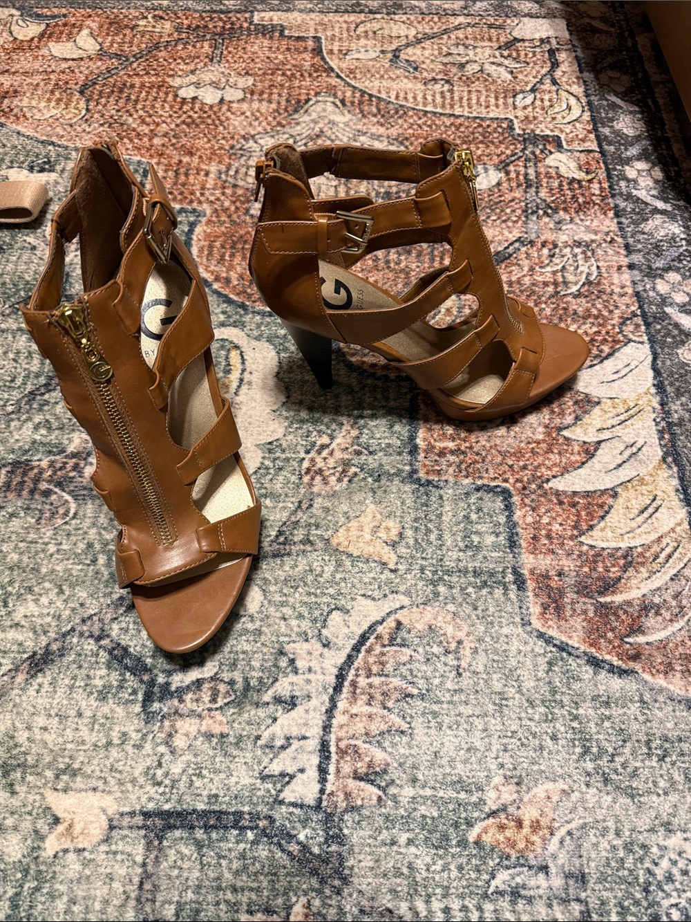 G by Guess Brown Strappy High Heel Sandals with Gold Zippers